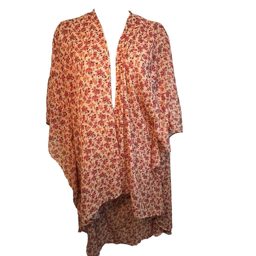 American‎ Eagle XS-S Kimono Cover Up Open Front Peach/Pink Floral Print Romantic